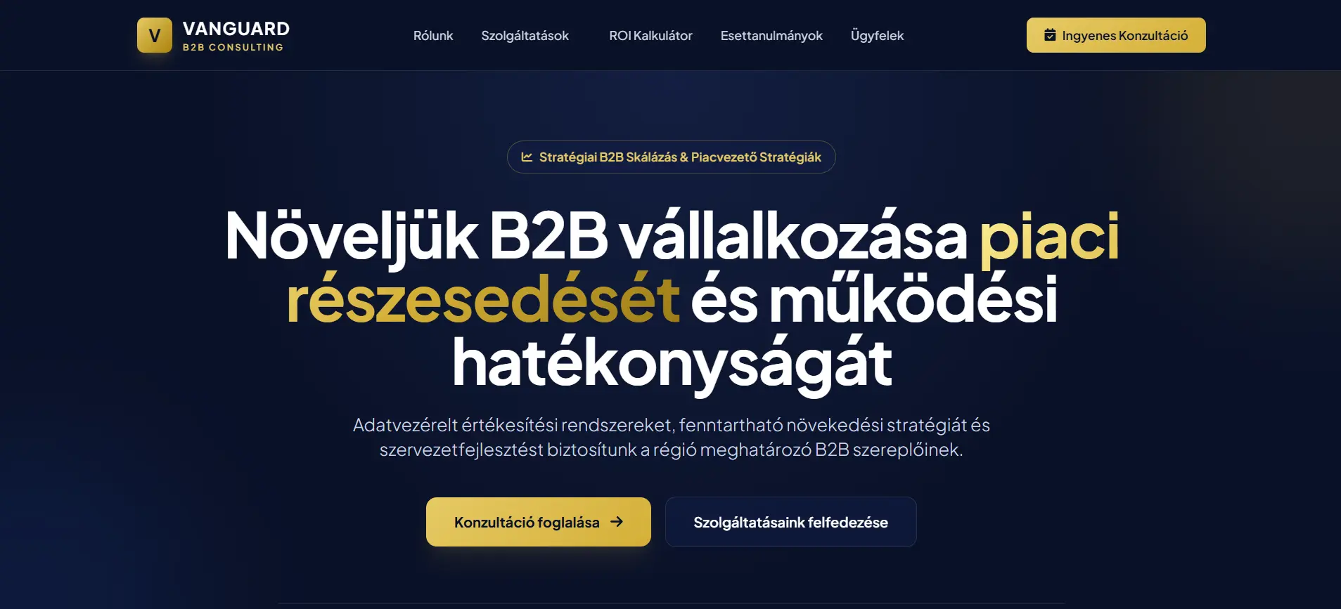 A Vanguard B2B tanácsadói mintaoldal nyitóképernyője, sötétkék–arany megjelenéssel.