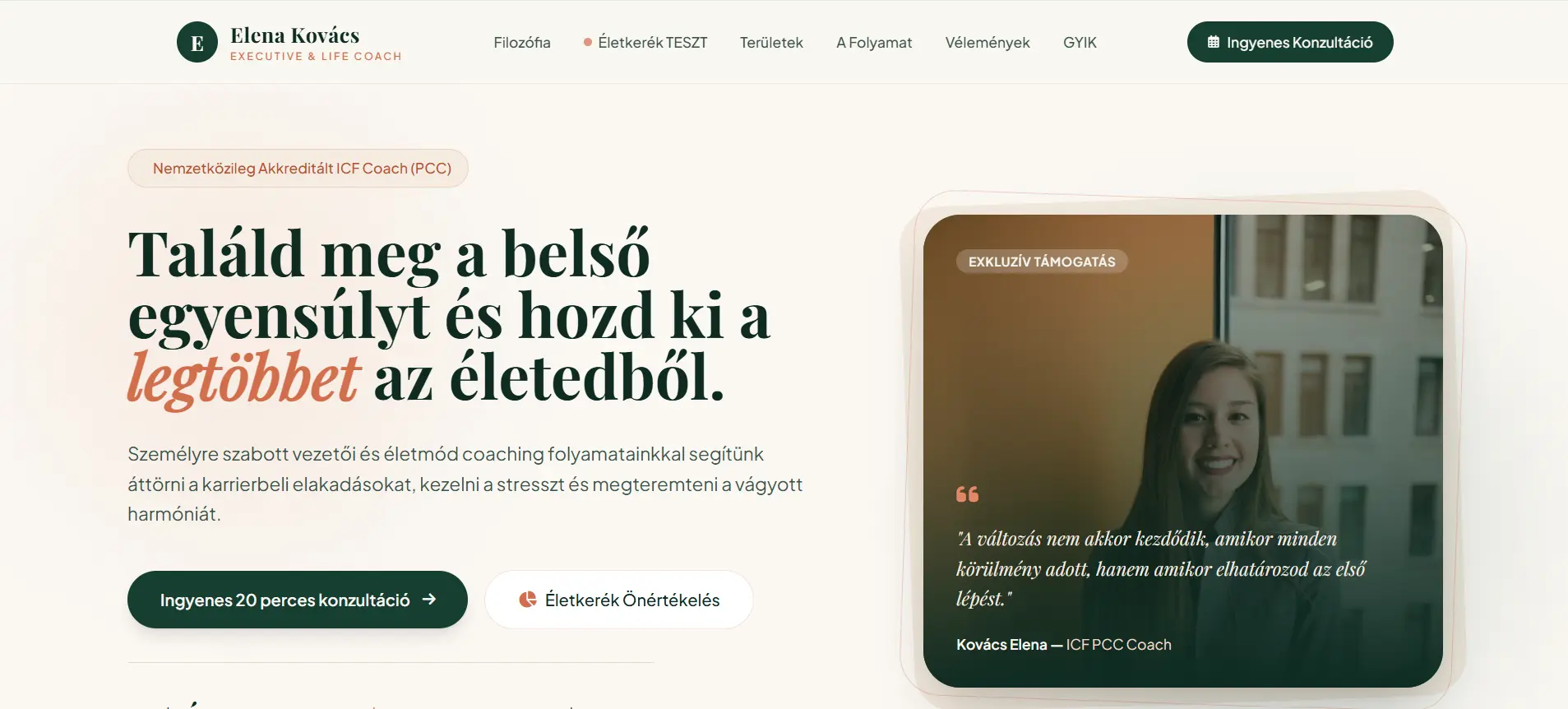 A Coach mintaoldal nyitóképernyője, zöld–krém arculattal és Kovács Elena portréjával.
