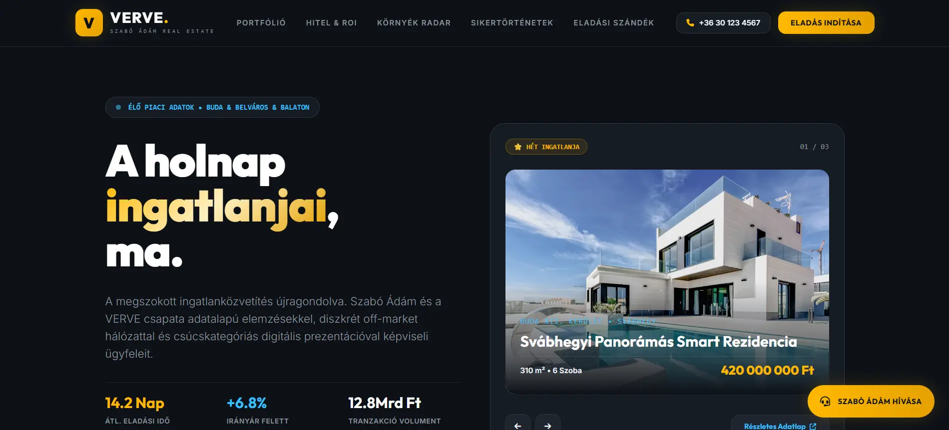 A VERVE Real Estate nyitóképernyője, modern villával és sárga kiemelésekkel.